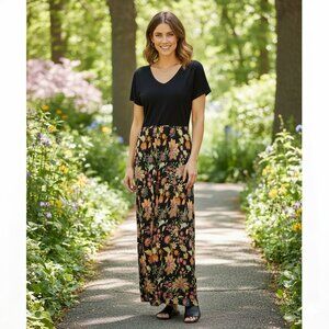 J Jill Black Floral Maxi Dress Womens Size S Side Slit Cotton Rayon Short Sleeve